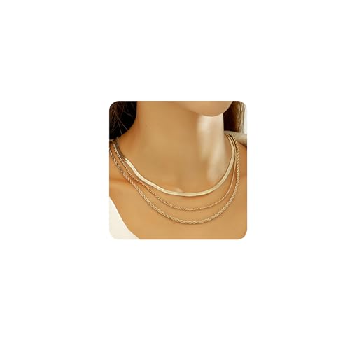 wgoud Gold Necklace for Women Waterproof,14K Real Gold Plated Herringbone Choker Necklace for Women Trendy, Dainty Gold Chain Necklaces Stack,Simple Layered Gold Necklaces for Women Jewelry Gifts - color: 3Pcs Gold Necklace