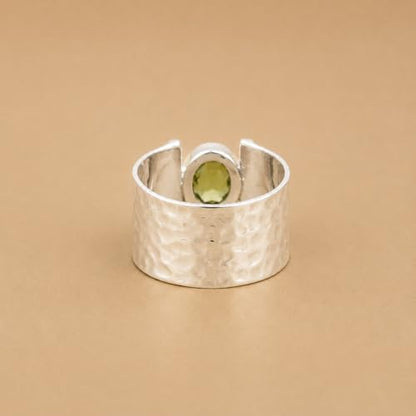 925 Sterling Silver Peridot Ring, Hammered Wide Band Statement Jewelry, Two Tone Minimalist Gemstone Ring