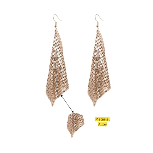 Mesh Sequin Tassel Long Drop Earrings for Women, Lightweight Metal Grid Fringe Dangle Earrings, Colorful Sparkly Alloy Wedding Bridal Party Jewelry (1 pair) - color: Gold