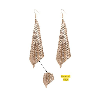Mesh Sequin Tassel Long Drop Earrings for Women, Lightweight Metal Grid Fringe Dangle Earrings, Colorful Sparkly Alloy Wedding Bridal Party Jewelry (1 pair) - color: Gold