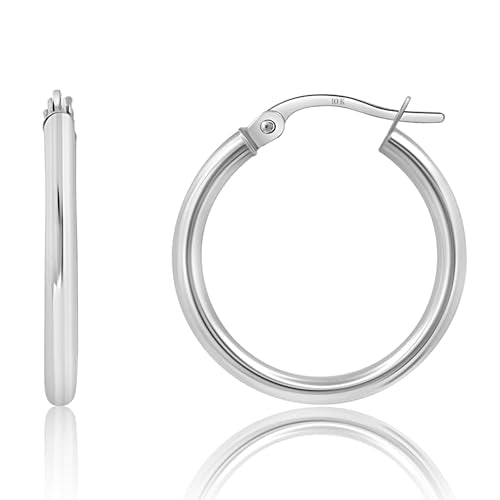 10k or 14k Gold Hoop Earrings for Women | Hypoallergenic Small to Large 12MM to 50MM Hoop Earrings with Secure Click Tops | Yellow or White Gold Classic Hoops in 2MM Thick Tube by MAX + STONE - color: 10K White Gold, size: 20mm | 0.75 inch Diameter