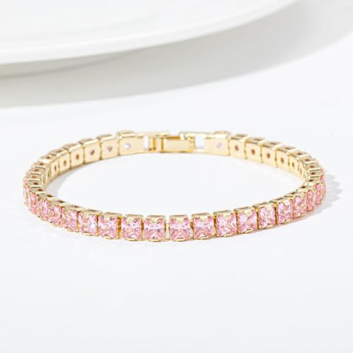 18K Gold Plated 5.0mm Pink Cubic Zirconia Tennis Bracelet|5.9-7.5in Multi-Size Classic Women's Tennis Bracelet - size: Square4mm 6.3 in/16cm