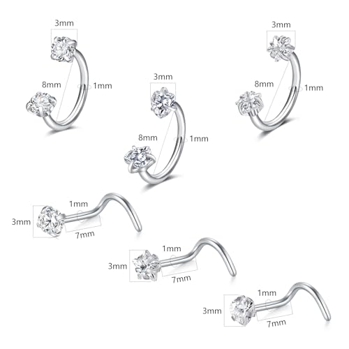 18G 20G Horseshoe Nose Rings Studs with Taper and Grabber | Surgical Steel Nose Ring Pink Cubic Zirconia Nose Piercing,Internally Threaded Nose Rings For Women,Colorful Zirconia - color: Silver-6Pcs Silver