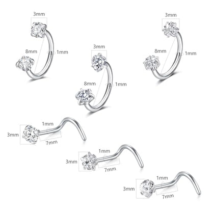 18G 20G Horseshoe Nose Rings Studs with Taper and Grabber | Surgical Steel Nose Ring Pink Cubic Zirconia Nose Piercing,Internally Threaded Nose Rings For Women,Colorful Zirconia - color: Silver-6Pcs Silver