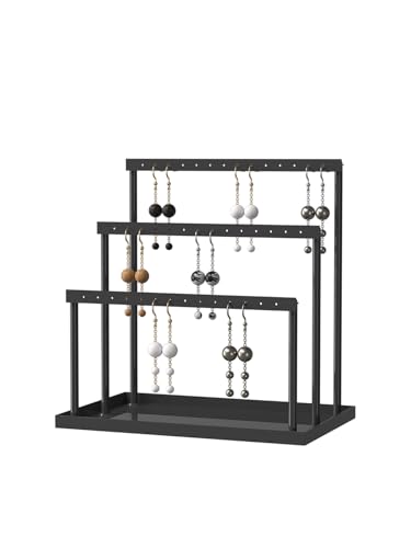 3 Tier Jewelry Earring Organizer Holder,Large And Small Stud Earring Tabletop Storage Display Stand For Girls,Hanging Dangle Earring Towers For Selling,Jewelry Rack For Vendors (Black)