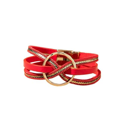 xuzhiyuan Bohemian Leather Cuff Bracelet Multi-Layer Wrap with Circle Accent Bracelet Boho Braided Bracelet Jewelry Gift for Women - color: Red