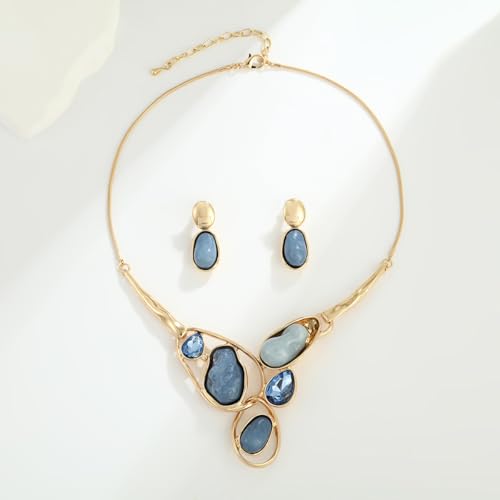 Chunky Statement Jewelry Set Blue Ocean Seashell Choker Necklaces Earrings Set for Women Pearl Bib Collar Necklaces for Party Prom Pageant Summer Fashion Jewelry Unique Birthday Gift - style: imitation pearl crystal JS gold blue
