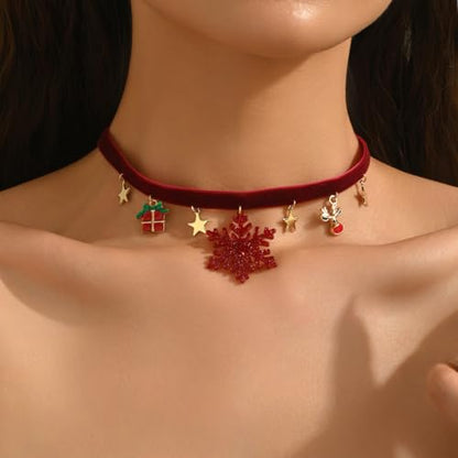 Christmas Choker Necklace for Women Xmas Gift Snowflake Red Velvet Pendant Necklace Red Velvet Reindeer Choker Necklaces Christmas Party Costume Accessories - style: snowflake