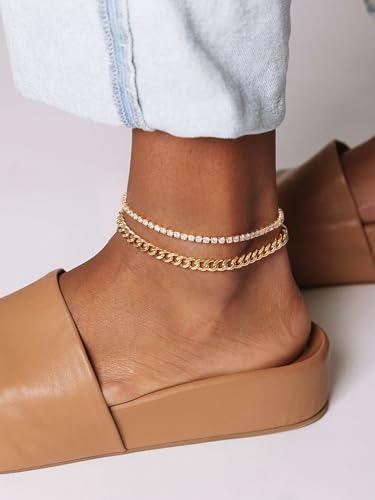 Robaice Adjustable Ankle Set for Women Waterproof, 14K Gold Plated | Layered Cuban, tennis, herringbone and clover chain styles, waterproof and non-tarnish for everyday wear or gifting - color: Mixed - Gold Cuban & Silver Tennis (2pcs)