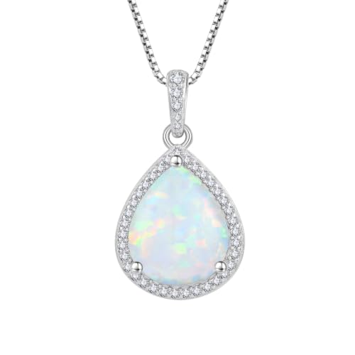 FJ Teardrop Pendant Necklace 925 Sterling Silver Birthstone Jewelry for Women - color: 10 October-Opal