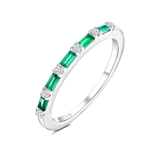 1.5mm Thin Eternity Rings for Women Sterling Silver Stackable Rings | Dainty Stacking Birthstone Ring, Sapphire/Emerald/Ruby/Cz Baguette Wedding Bands, for Anniversary Jewelry Size 6-10(with Box) - color: 05-Emerald