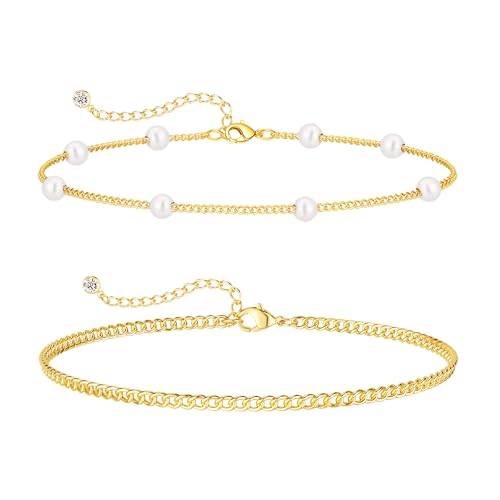 Gold Ankle Bracelets for Women, Dainty 14K Gold Plated Anklets for Women Waterproof Cuban Link Chain Pearl Anklet Set Trendy Layered Stackable Ankle Bracelet Non Tarnish Jewelry for Her - color: A0084
