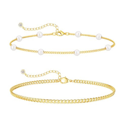 Gold Ankle Bracelets for Women, Dainty 14K Gold Plated Anklets for Women Waterproof Cuban Link Chain Pearl Anklet Set Trendy Layered Stackable Ankle Bracelet Non Tarnish Jewelry for Her - color: A0084