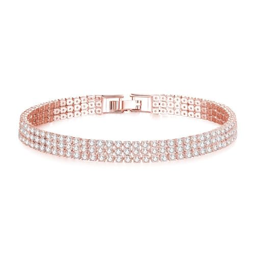 Gold Tennis Bracelets for Women 3-Row Rhinestone Stackable Bangle Bling Zirconia Crystal Silver Chain Dainty Cuff Flexible Fashion Jewelry for Wife Anniversary Mom Her Birthday Gifts - color: Rose gold