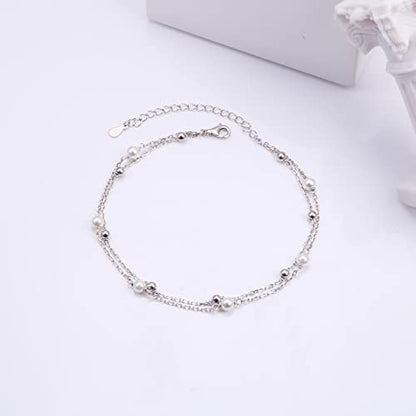 Anklet for Women 925 Sterling Silver Foot Adjustable Ankle Bracelet Jewelry - style: Layered Pearl Bead