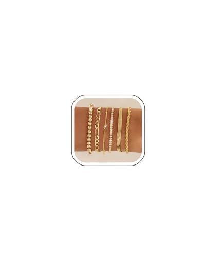 Gold Bracelets for Women 14K Gold Plated Stack Trend Bracelets Charm Paperclip Chain Cuban Link Layered Waterproof Bracelet Dainty Bracelet for Women Jewelry Gifts - color: 6Pcs Beaded Gold