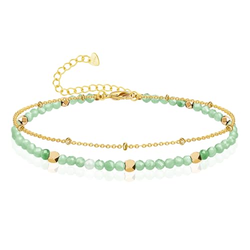 Gold Ankle Bracelet for Women Waterproof, Dainty Natural Stone Bead Anklet Adjustable Double Ankle Chain Summer Beach Boho Foot Jewelry Anniversary Birthday Gifts - color: Aventurine