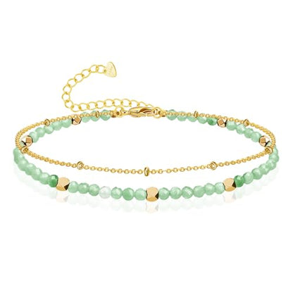 Gold Ankle Bracelet for Women Waterproof, Dainty Natural Stone Bead Anklet Adjustable Double Ankle Chain Summer Beach Boho Foot Jewelry Anniversary Birthday Gifts - color: Aventurine