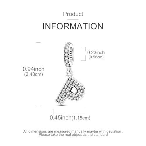 Hapour Letter 925 Sterling Silver Charm with Cubic Zirconia Alphabet A-Z Initial Dangle Charms Beads Pendent DIY Jewelry for Bracelets Necklace - color: P