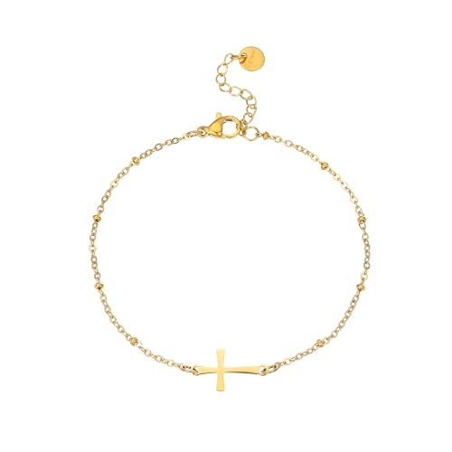 Gold Anklet for Women 18K Gold Plated Daisy Pearl CZ Foot Chain Star Flower Cross Ankle Bracelet Dainty Waterproof Beach foot jewelry for women sexy - color: Cross Beads-Gold