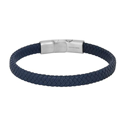 Geoffrey Beene Men's Braided Genuine Leather Bracelet with Stainless Steel Closure - color: Blue, Silver
