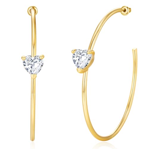 Large Gold Hoop Earrings for Women 14k Gold Plated with 925 Sterling Silver Post Big Open Hoops Earrings Trendy Cubic Zirconia Heart Hoop Earrings Jewelry Gifts for Women - color: gold 50mm