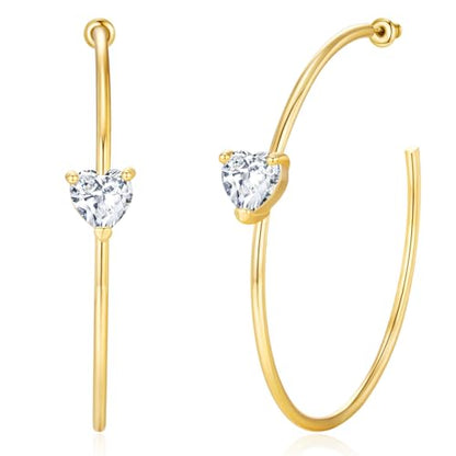 Large Gold Hoop Earrings for Women 14k Gold Plated with 925 Sterling Silver Post Big Open Hoops Earrings Trendy Cubic Zirconia Heart Hoop Earrings Jewelry Gifts for Women - color: gold 50mm