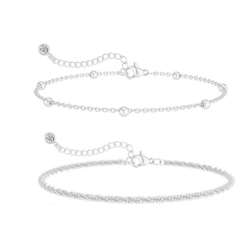 Double Layer Gold Anklet Set for Women Simple Silver Bead Minimalist Foot Jewelry Adjustable Chain Beach Accessories - style: B Silver Style