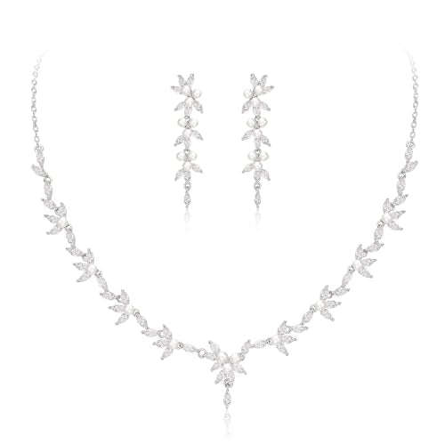EleQueen Women's Simulated Pearl Wedding Jewelry Set for Brides | Cubic Zirconia Necklace Earrings Bracelet Set for Brides Bridesmaids, Bridal Jewelry Set for Anniversary/Memorial Day - style: Pearl Necklace Earrings Set Silver-Tone