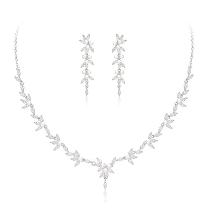 EleQueen Women's Simulated Pearl Wedding Jewelry Set for Brides | Cubic Zirconia Necklace Earrings Bracelet Set for Brides Bridesmaids, Bridal Jewelry Set for Anniversary/Memorial Day - style: Pearl Necklace Earrings Set Silver-Tone
