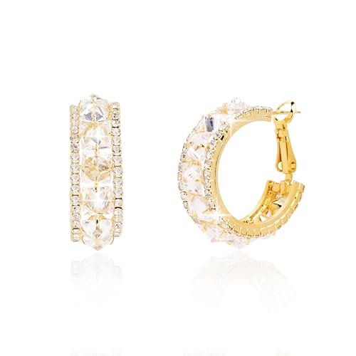 Sonateomber Gold Chunky Crystal Hoop Earrings for Women, Trendy Statement Sparkly CZ Rhinestone Thick Open Hoops Earings Hypoallergenic Wedding Prom Everyday Accessories Fashion Jewelry Gift - color: Gold CZ
