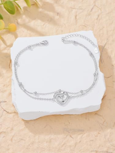 Dorunmo Initial Anklet 925 Sterling Silver Letter A-Z Layered Heart Anklet Beach Jewelry Birthday Gifts for Women - color: F