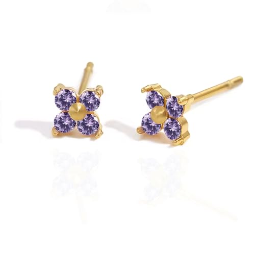 QueenBee 14K Gold Plated Ivy Flower Birthstone Stud Earrings for Women Dainty Floral Gemstone Studs Unique Jewelry Gift for Her - color: June - Alexandrite