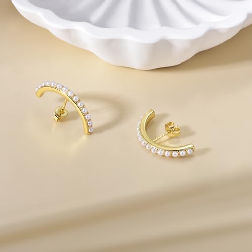 CZ Suspender Cuff Stud Earrings Wrap Earlobe Silver Post Cubic Zirconia Minimalist Jewelry for Women - color: Gold Full Pearl