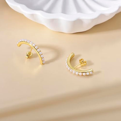 CZ Suspender Cuff Stud Earrings Wrap Earlobe Silver Post Cubic Zirconia Minimalist Jewelry for Women - color: Gold Full Pearl