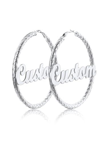 FindChic Chunky Hoop Earrings for Women, Silver/Black/14K Gold Plated Crossover Patterned Hollow Tube Rounded Loop Earrings, 30mm/40mm/60mm/80mm Hoops with Custom Name Options and Gift Box - color: e.Silver (Custom Name), size: 80MM