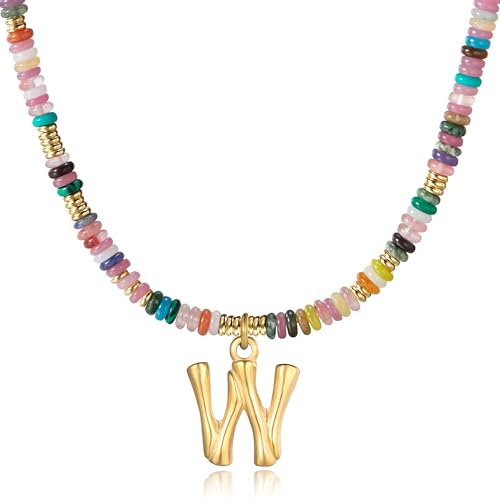 YOUFENG Initial Letter Necklaces for Women Colorful Beaded Gemstone Choker 14K Gold Plated Bamboo Letter Pendant Necklace Natural Stone Handmade Jewelry Gift - color: W