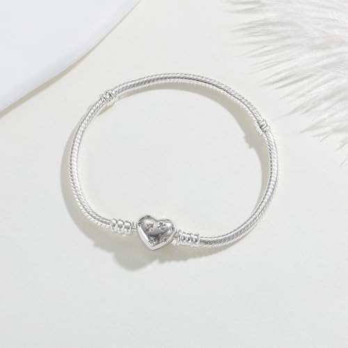 925 Sterling Silver Charm Bracelet for Women Snake Chain Dog Paw Print Clover Horseshoe Heart Moments European Bracelet Jewelry Gift, 16.0 Centimeters