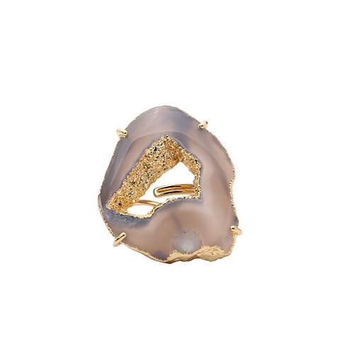 Ring Geode Druzy Slice Unique And Stylish Statement Gold Plated Jewelry Natural Gemstone Stone size 25-35 mm Approximately Adjustable Shank US Scale Size 6-9 - color: Gray, 4