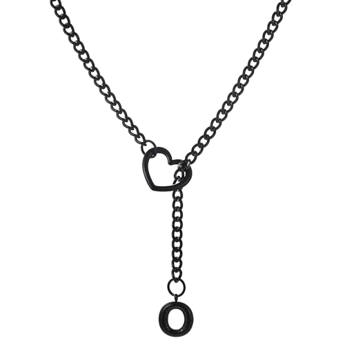 sroyte Black Heart Slip Chain Initial Necklaces for Women,Stainless Steel O-Ring Adjustable Lariat Heart Y-Necklace,Punk Gothic Cuban Collar Choker Necklace for women - color: Black O
