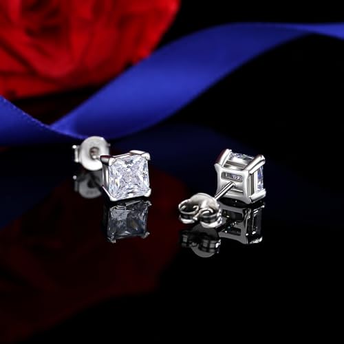 925 Sterling Silver 2-4 Carat Lab Simulation-Diamond Stud Earrings 5A Cubic Zirconia Stud Earrings Hypoallergenic White Gold Plated, Perfect Jewelry Gifts - style: Princess Cut 6MM