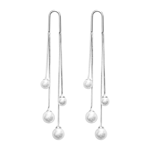 Pearl Dangle Earrings for Women, 14K Gold Plated, Long Tassel Drop Style, Trendy Fashion Jewelry - color: Silver