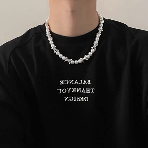 Gold/Silver Pearl Necklace for Men Faux Pearl Choker Necklace Beaded Adjustable Chain Gothic Chunky Beaded Statement Hip Hop Rock Party Festival Collar para Hombre Fashion Jewelry Gift for Men - style: Style-A