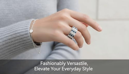 Sparkling Rhinestone Ring Set Trendy Elastic Rhinestone Crystal Stretch Ring Stackable Jewelry for Women Girls - color: 3 Rows Ring-White+Dark Blue