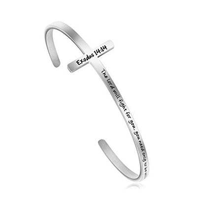 𝐂𝐫𝐨𝐬𝐬 𝐁𝐫𝐚𝐜𝐞𝐥𝐞𝐭 Religious Cuff Bangle 𝐁𝐢𝐛𝐥𝐞 𝐕𝐞𝐫𝐬𝐞 Christian Gifts Jewelry for 𝐖𝐨𝐦𝐞𝐧 - style: Silver cuff-The lord will fight for you, you need only to be still -Exodus 14:14