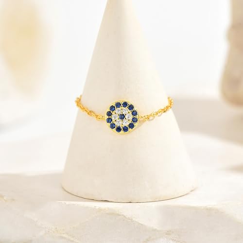 925 Sterling Silver Adjustable Link Chain Rings for Women Daughter | Dainty 14k Gold Plated Evil Eye/Cross/Flower Ring Sparkly Twist Rope with Bead Dangle Stackable Ring Jewelry Birthday Gifts - color: Style 7-Gold