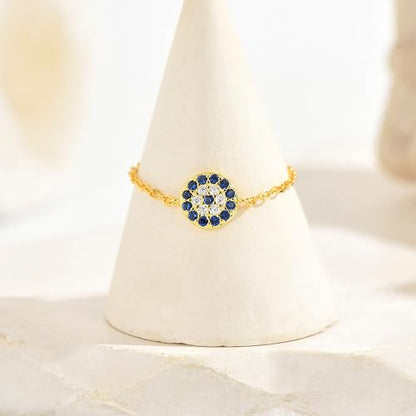 925 Sterling Silver Adjustable Link Chain Rings for Women Daughter | Dainty 14k Gold Plated Evil Eye/Cross/Flower Ring Sparkly Twist Rope with Bead Dangle Stackable Ring Jewelry Birthday Gifts - color: Style 7-Gold