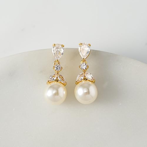 SWEETV Cubic Zirconia Pearl Drop Wedding Earrings for Brides, Ivory Bridal Pearl Earrings for Bridesmaid Jewelry Gift - color: 01.Style 1-Gold
