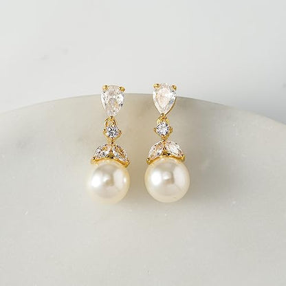 SWEETV Cubic Zirconia Pearl Drop Wedding Earrings for Brides, Ivory Bridal Pearl Earrings for Bridesmaid Jewelry Gift - color: 01.Style 1-Gold