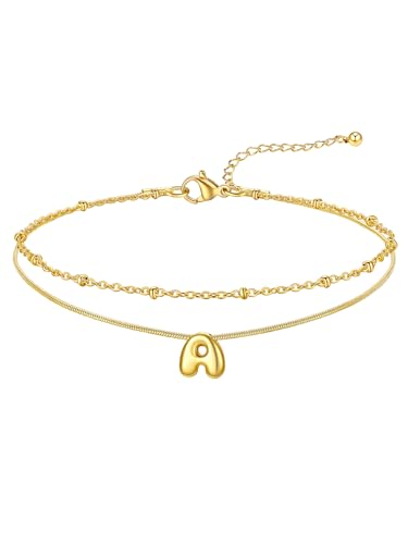 FOCALOOK Initial Anklet Bracelet for Women, 14K Gold Plated Anklets Layer Letter Ankle Chain Non Tarnish, 8.5"+2" Adjustable Large Ankle Summer Beach Foot Jewelry - color: Gold-A